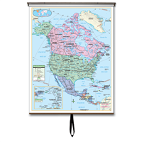 North America Primary Classroom Wall Map on Roller w/ Backboard