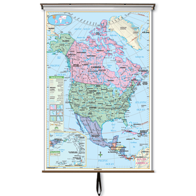North America Essential Classroom Wall Map on Roller w/ Backboard