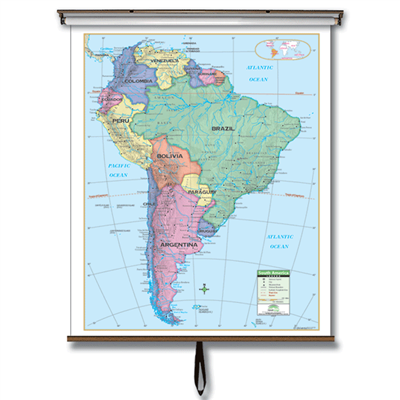 South America Primary Classroom Wall Map on Roller w/ Backboard