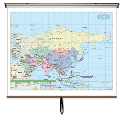 Asia Essential Classroom Wall Map on Roller w/ Backboard