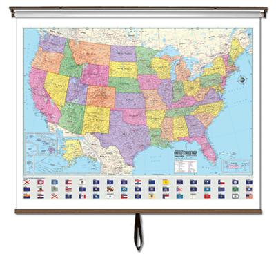 US Advanced Political Wall Map on Roller w/ Backboard