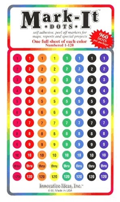 Stick-on Dots Medium 1/4" Numbered 1-120 eight colors