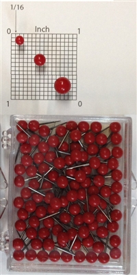 Red, medium, round-head MAP PINS 100/box. 1/8" head and 5/16" shaft length.