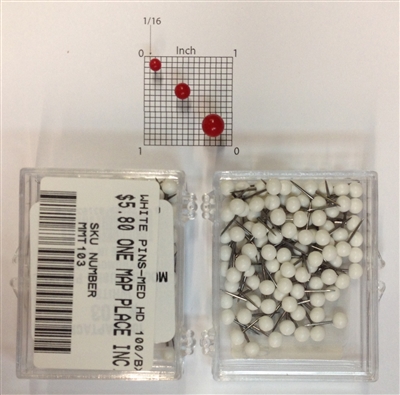 White medium, round-head Map Pins 100/box. 1/8" head and 5/16" shaft length.