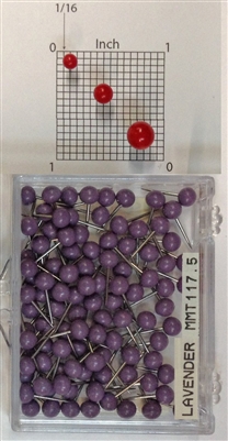 Lavender color, medium, round-head Map Pins 100/box. 1/8" head and 5/16" shaft length.