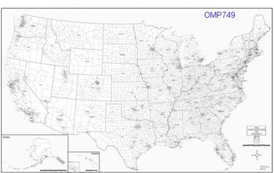 OMP749 U.S. County Town map, black & white 74x47 inches
