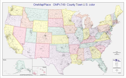 OMP749 U.S. County Town map, in color, 74x47 inches