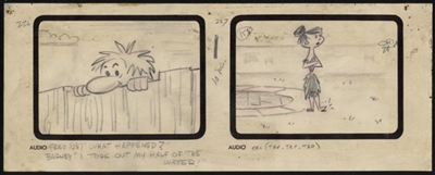 Original Production Storyboard Drawing of Barney and Betty Rubble from The Swimming Pool