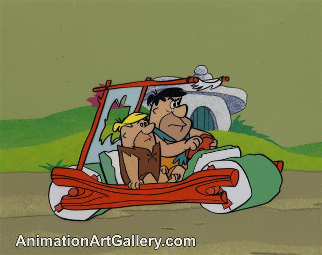 Production Cel and Production Background of Fred Flintstone and Barney Rubble from Hanna-Barbera (c.1960s)