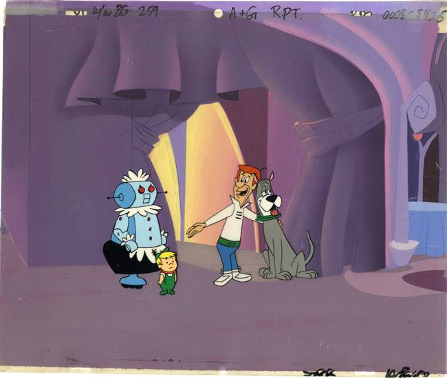 Original Production Background and Production Cel of George Jetson, Astro, Elroy, and Rosie from the Jetsons (1980s)