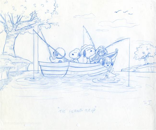 Original Publicity Drawing of Snoopy and Dogs Fishing from The Peanuts