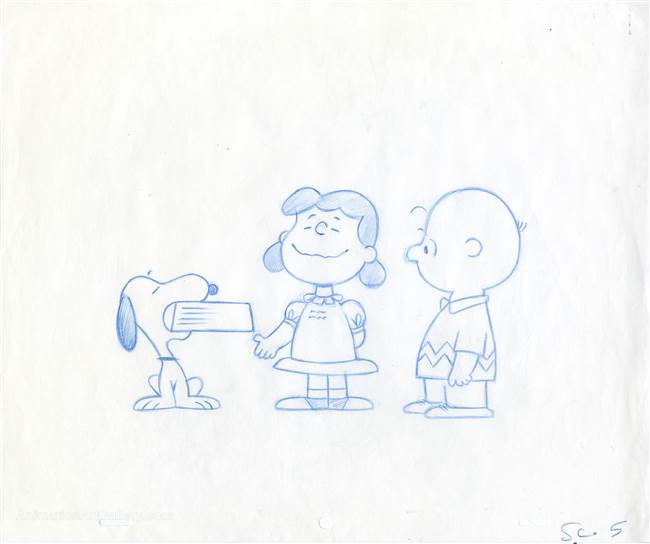 Original Production Drawing of Snoopy, Charlie Brown, and Lucy from The Peanuts