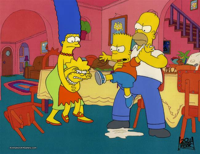 Original Production cel of the Homer, Marge, Bart and Lisa Simpsons from Bart Vs. Thanksgiving