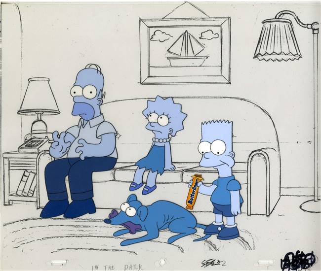 Original Production Cel of Homer, Lisa, and Bart Simpson from a Butterfinger Commerical