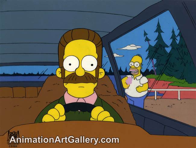 Production Cel of Homer Simpson and Ned Flanders from Homer Loves Flanders