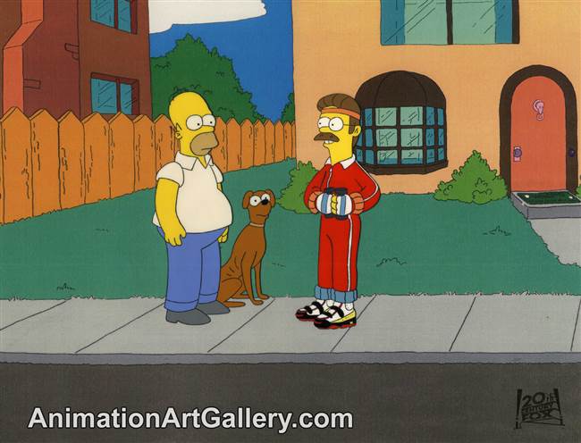 Production Cel of Homer Simpson and Ned Flanders from Bart's Dog Gets an F