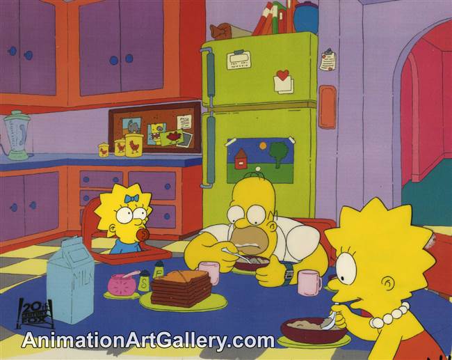 Production Cel of Homer Simpson and Lisa Simpson from Two Cars in Every Garage and Three Eyes on Every Fish