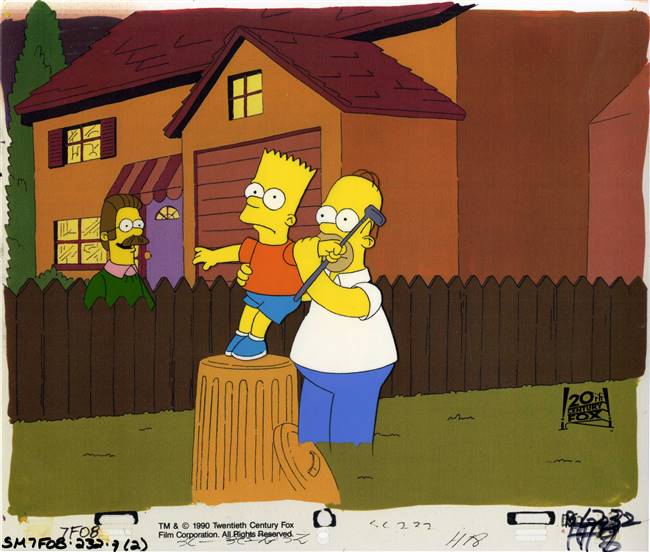 Original Production Cel Homer Simpson, Bart and Flanders From Dead Putting Society