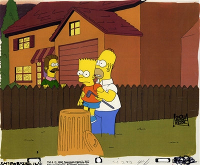 Original Production Cel of Homer, Bart, and Ned from Dead Putting Society (1990)