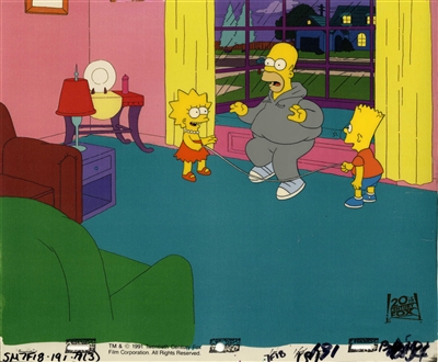 Original Production Cel of Bart, Lisa, and Homer Simpson from Brush with Greatness (1991)