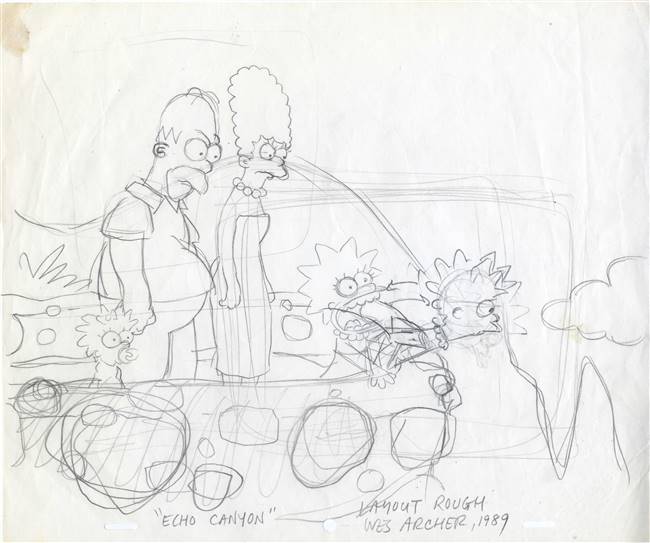 Original Production Layout Drawing of the Simpsons from Echo Canyon (1989)