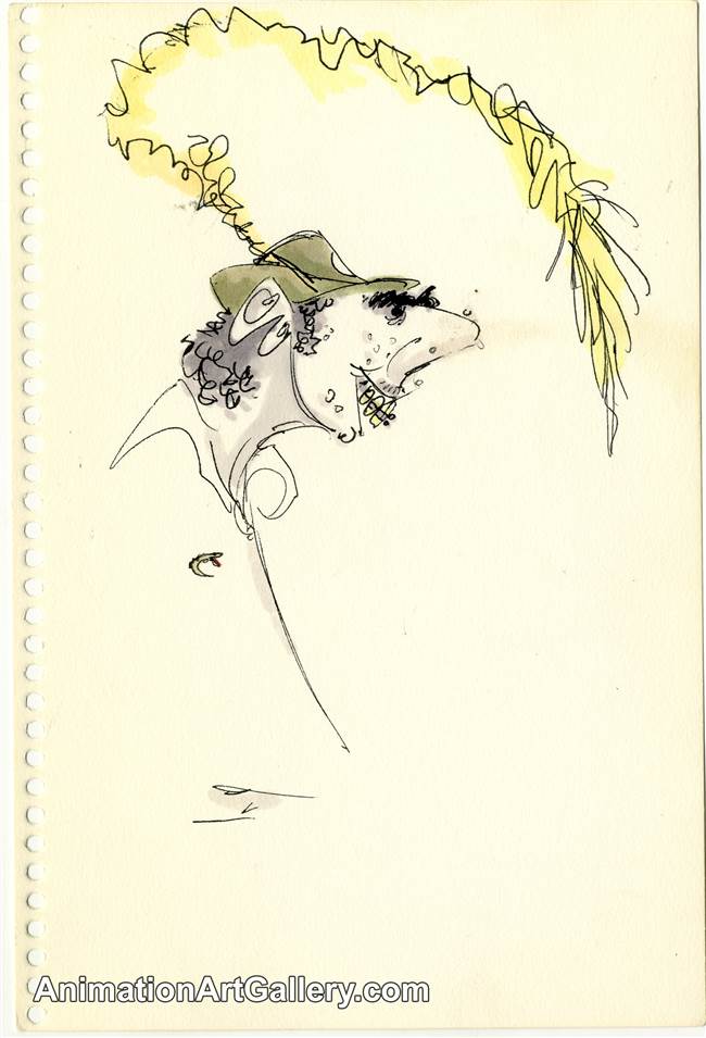 Original Character Drawing of a man with a Green Hat and Yellow Feather from Tim Burton