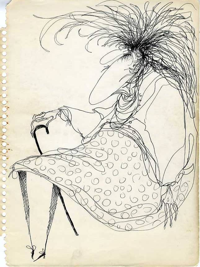 Original Character drawing of a seated woman with cane by Tim Burton