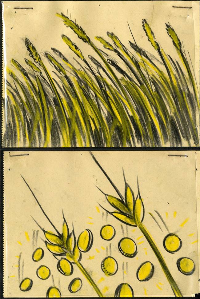 Original Storyboard Art of Wheat and Gold Coins from the Adventures of Ichabod and Mr Toad (1949)