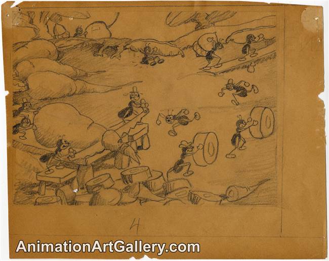 Storyboard of some ants from The Grasshopper and the Ants