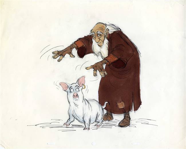 Original Production Model Drawing of Hen Wen and Dallben from Black Cauldron (1985)