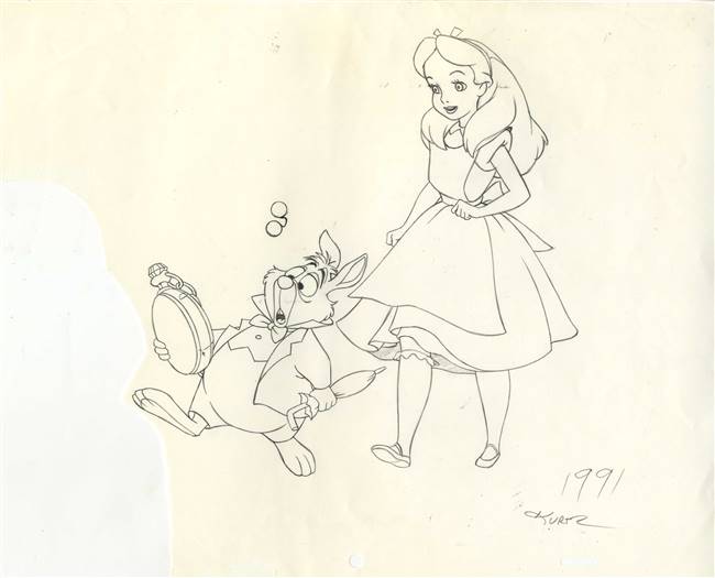 Original Illustration Art of Alice and the White Rabbit from a 1992 Walt Disney World Calendar