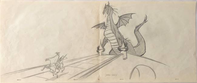 Original Production Drawing of Prince Philip and Maleficent as Dragon from Sleeping Beauty (1959)