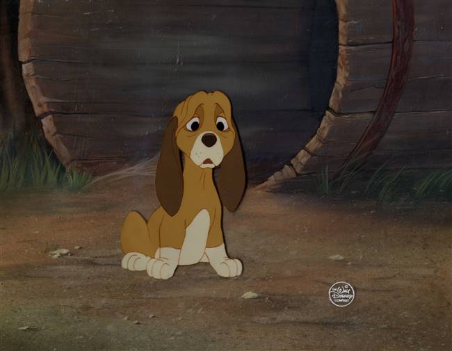 Original Production Cel of Copper with a Preliminary Production Background from Fox and the Hound (1981)