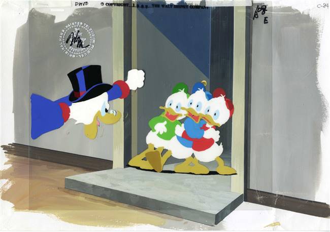 Original Master Background and Production Cel of Scrooge McDuck, Huey, Dewey, and Louie from Duck Tales (1987)