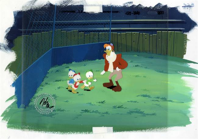 Original Master Background and Production Cel of Launchpad McQuack, Huey, Dewey, and Louie from Duck Tales (1987)