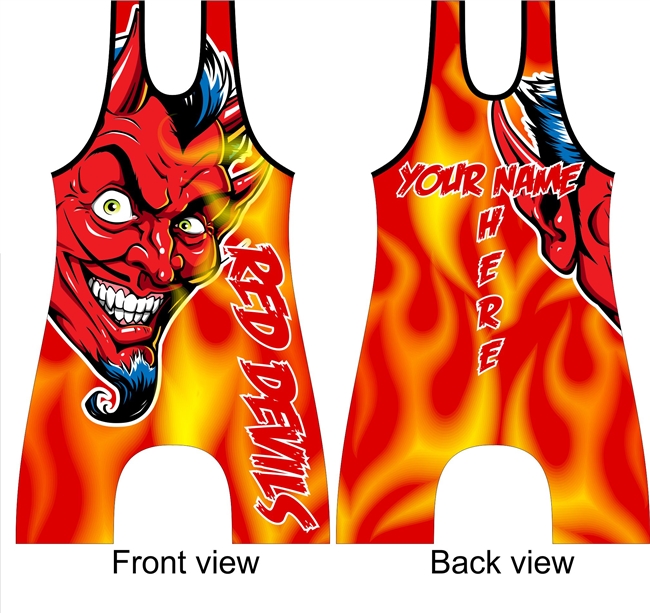 sublimated wrestling singlet with devil mascot