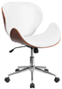 Mid back Walnut Wood Swivel Office Chair - White Leather
