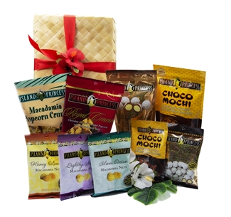 Mahalo Nui Loa Gift Basket - Comes with 10 different snack Bags and resealable Bags