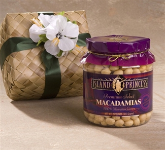 Premium Select Macadamia Nuts our Largest Jar in hand woven Gift Basket. Mostly whole nuts, lightly salted.