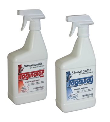 32 oz. each of our elite graffiti removal products Taginator and Tagaway.  Plus a $25.00 coupon comes in the box to use towards your next purchase of our world's best graffiti removers.