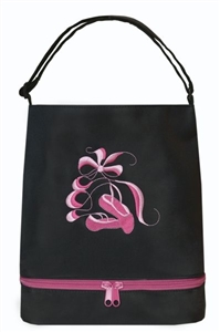 Sassi Designs BAL-05Black Ballet Tote (Black) With Bottom Shoe Compartment-Embroidered Shoes & Ribbons