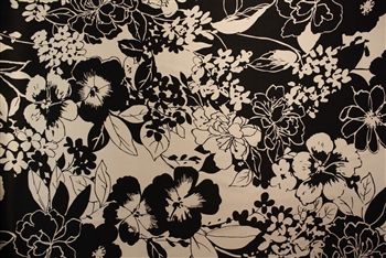 Black & White Floral Silk Charmeuse, 45" wide