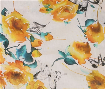 Yellow Roses & Butterflies Linen, 54" wide