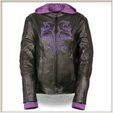 Ladies Leather Jacket with Purple Tribal Design and Hoodie