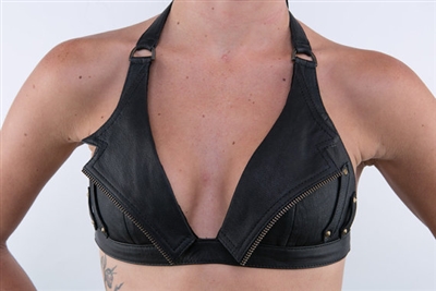 Night Rider Black Leather Halter Top Bra