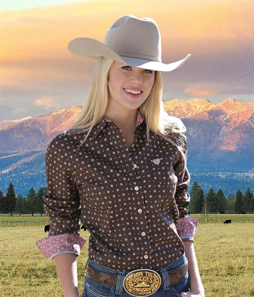 Cinch® Ladies Brown Dot Print Long Sleeve Shirt