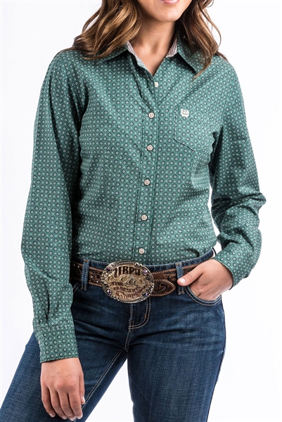 Cinch® Ladies Hunter Green Diamond & Circle Printed  Long Sleeve Shirt