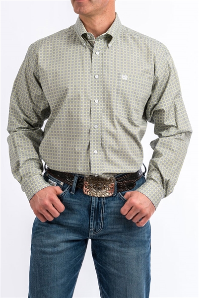 Mens Cinch® Long Sleeve Grey & Lime Diamond Print Shirt