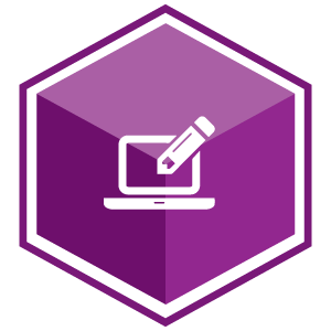 VCS Intelligent Workforce Management icon representing the Custom Report and Payroll Export Writer module. Purple hexagon with computer and pencil symbol