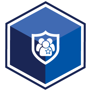 VCS Intelligent Workforce Management Icon for Extra Duty Billing. Blue Hexagon with symbol of badge containing figures.